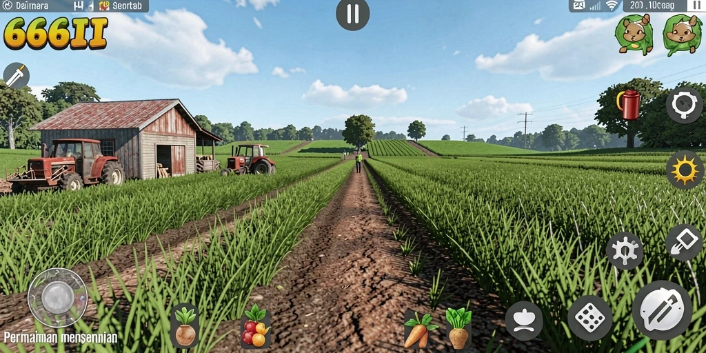 Tangkapan layar gameplay 666I yang menampilkan aktivitas pertanian yang seru.