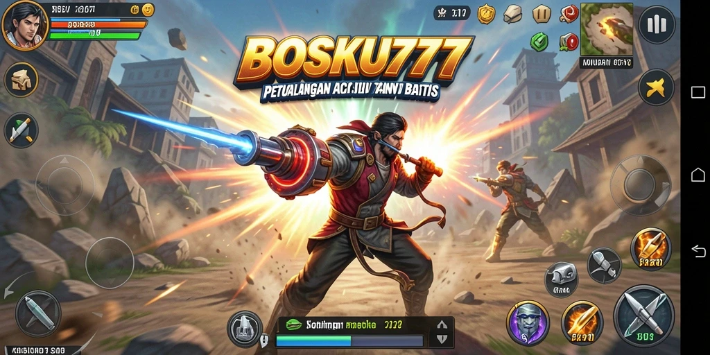 Tampilan screenshot menunjukkan aksi tempur mendebarkan di BOSKU777.