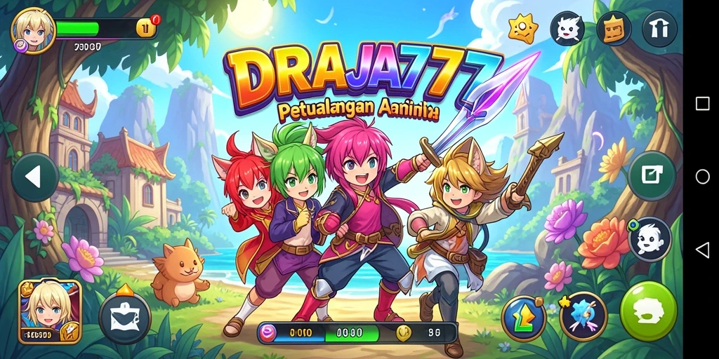 Gameplay DRAJA777 menampilkan karakter anime yang berwarna-warni dan pertempuran seru.