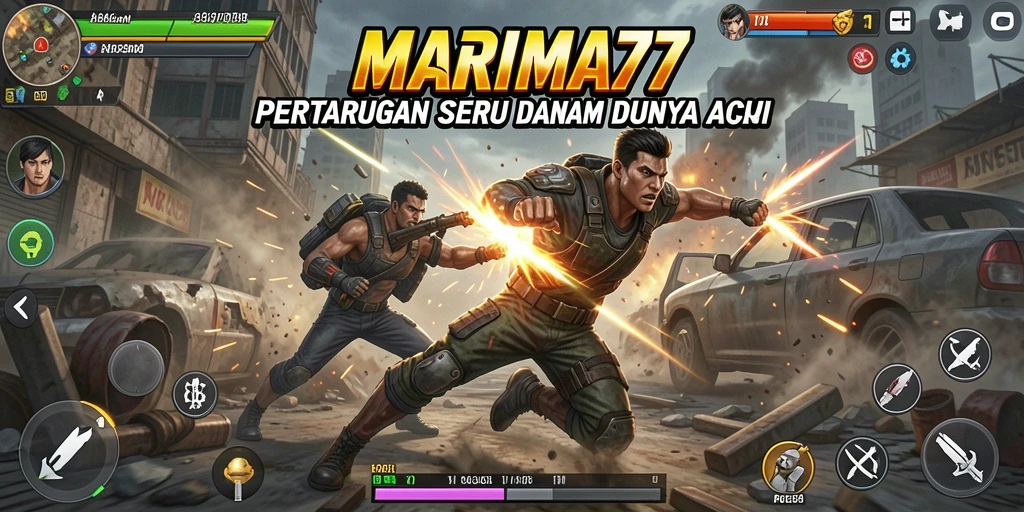 Screenshot MARIMA77 yang menunjukkan aksi pertarungan yang intens.