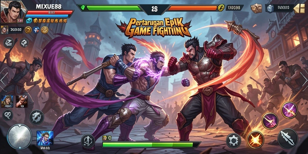 Tampilan gameplay <strong>MIXUE88</strong> dengan aksi pertarungan yang seru dan dramatis.