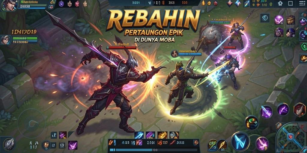 Tampilan gameplay seru REBAHIN dalam pertarungan MOBA.