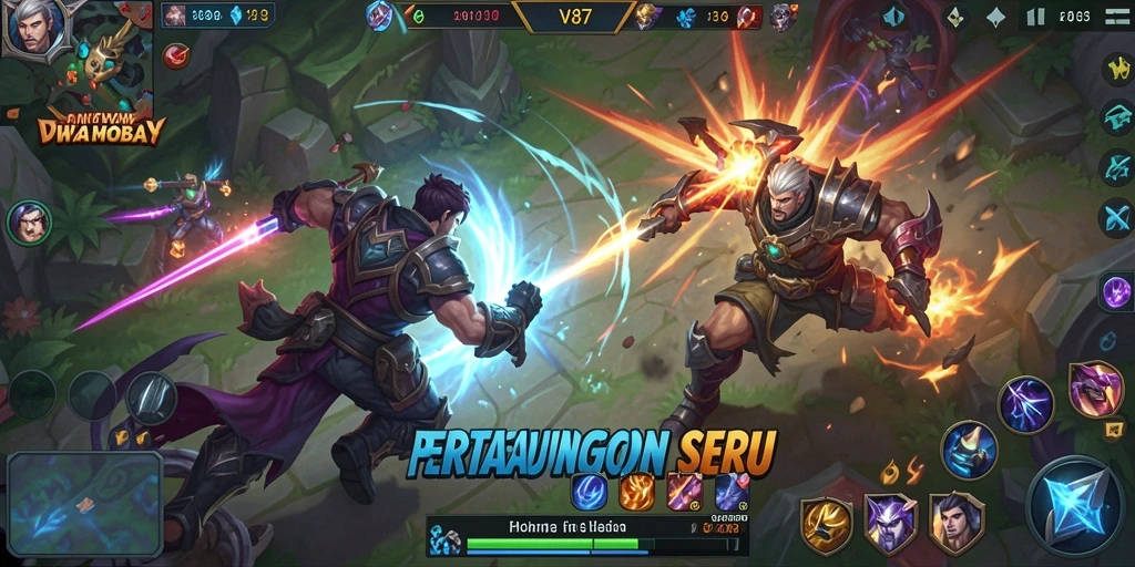 Tangkapan layar V87 menunjukkan aksi pertempuran seru dalam permainan MOBA.